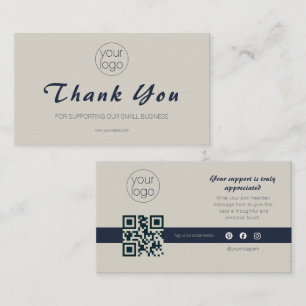 Small Business Logo Thank You QR Card Navy Beige