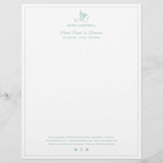 Small Business Monogram Social Media Mint Border Custom Letterhead (Front)