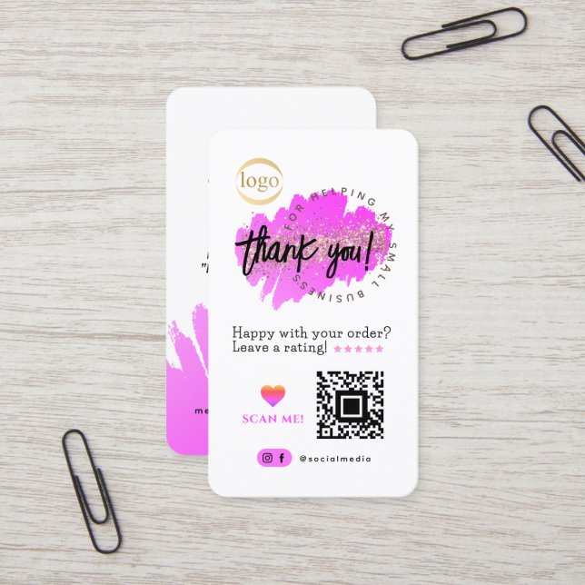 Small Business QR Code Logo Thank You Pink Glitter Card (Front/Back In Situ)