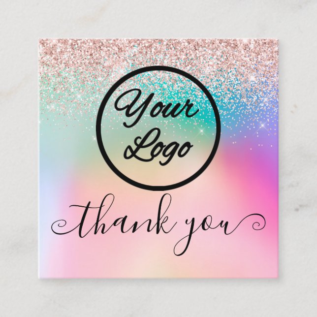 Small Business Thank You Rose Gold Glitter Rainbow Square Business Card (Front)