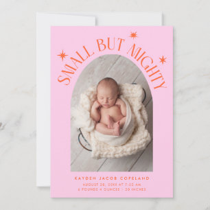 Small But Mighty Stars Orange Pink Photo Birth Announcement