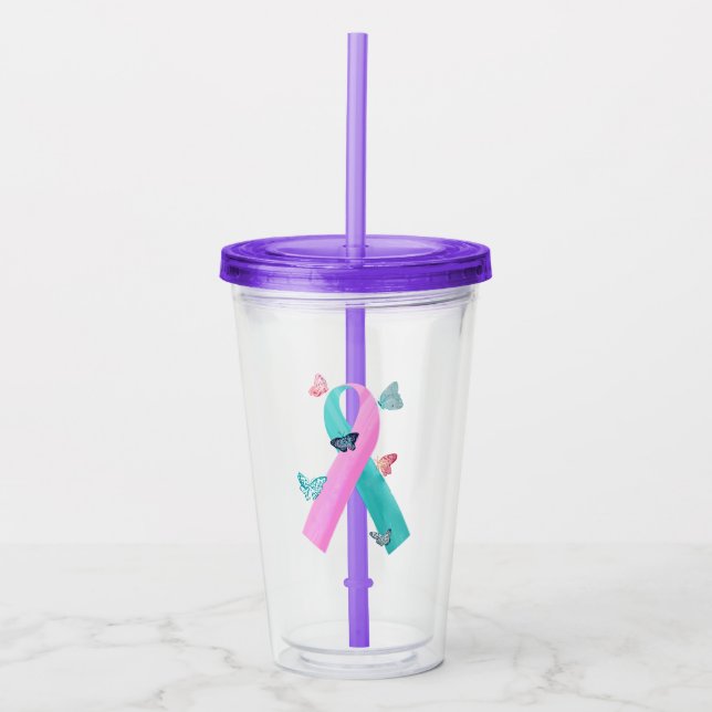 Small butterflies with BRCA ribbon. Acrylic Tumbler (Front)
