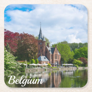 Small castle near lake in Bruges, Belgium Square Paper Coaster