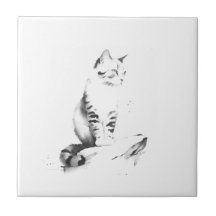 Small Ceramic Tile - Cat, Ink Wash Style