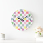 Small Checkers Pastel Colours White Chequered    Large Clock<br><div class="desc">Modern pastel colour tones and white colourful chequerboard checks pattern. Pastel aesthetic chequered design. Pastel checks on home decor,  party products,  and personalised gifts. The chequered pattern in pastel colour tones.</div>