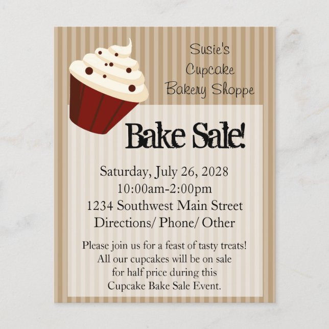 Small Cupcake, Soft Mocha Stripes Bake Sale Flyers (Front)