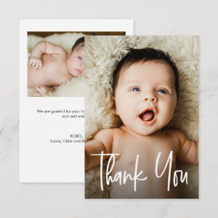Small Custom 2 Photos Baby Shower Handlettering Thank You Card
