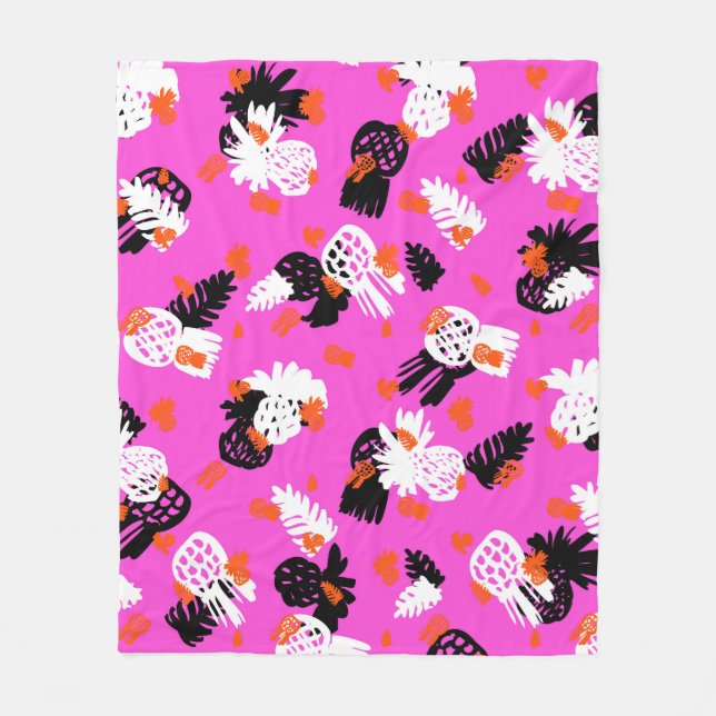 Small ditsy pattern with tropical motifs, hand dra fleece blanket (Front)