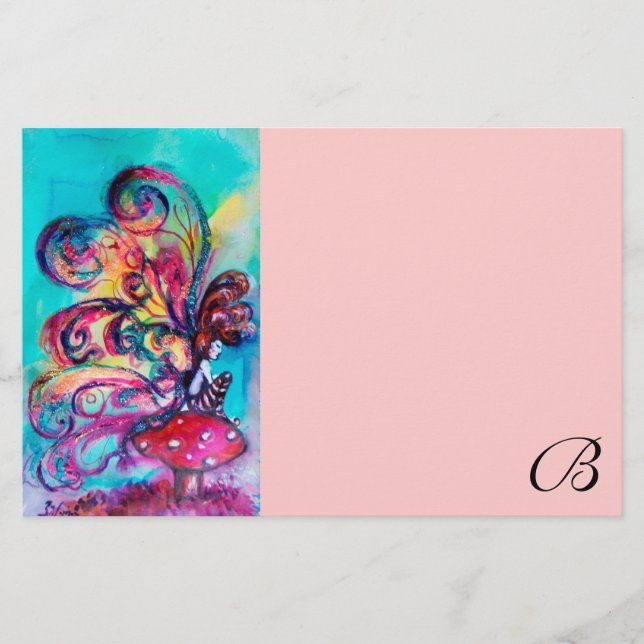 SMALL ELF OF MUSHROOMS MONOGRAM,Pink Stationery (Front)