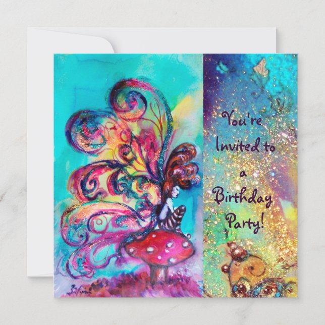 SMALL ELF OF MUSHROOMS ,pink yellow blue sparkle Invitation (Front)