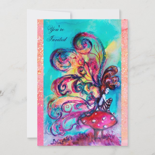 SMALL ELF OF MUSHROOMS ,pink yellow blue sparkle Invitation (Front)