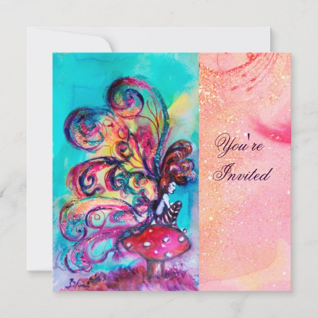 SMALL ELF OF MUSHROOMS ,pink yellow blue sparkle Invitation (Front)