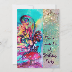 SMALL ELF OF MUSHROOMS ,pink yellow blue sparkle Invitation