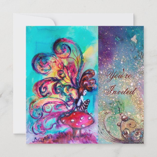 SMALL ELF OF MUSHROOMS ,pink yellow blue sparkle Invitation (Front)