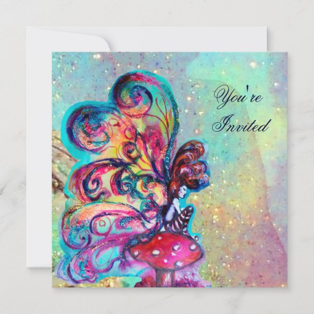 SMALL ELF OF MUSHROOMS ,pink yellow blue sparkle Invitation (Front)