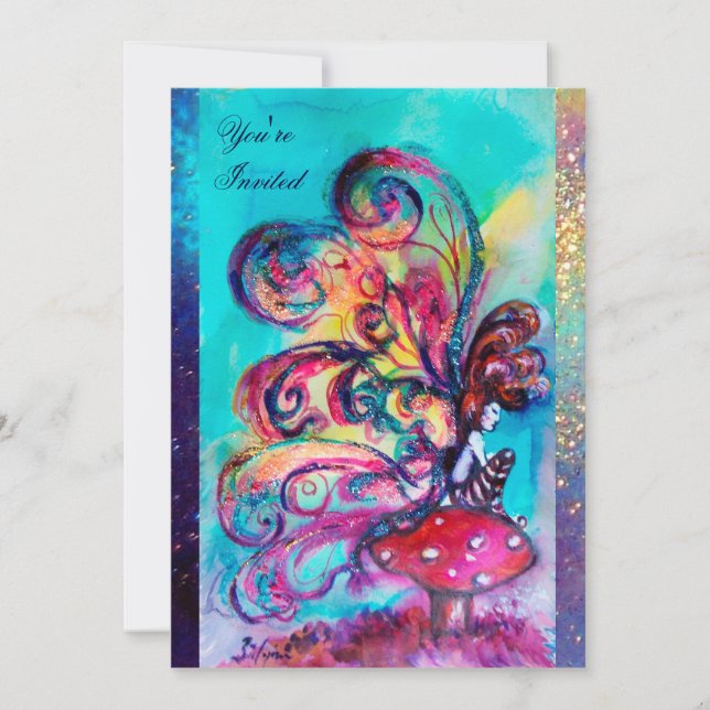 SMALL ELF OF MUSHROOMS ,purple yellow blue sparkle Invitation (Front)