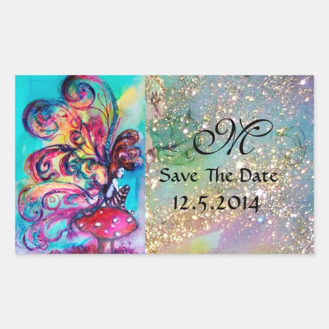 Small Elf of Mushrooms Save The Date Monogram Rectangular Sticker (Front)