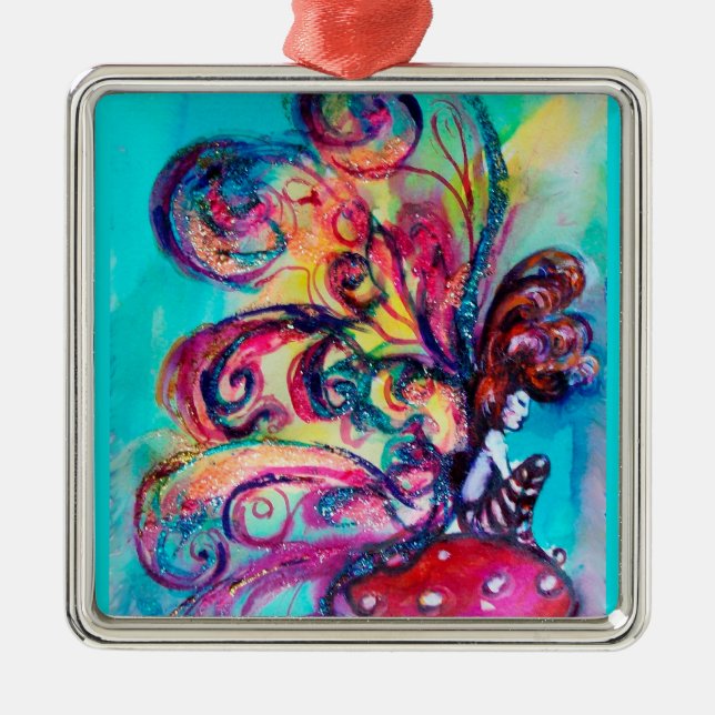 SMALL ELF OF MUSHROOMS VIBRANT RUBY METAL TREE DECORATION (Front)