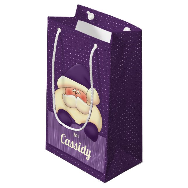 SMALL Feminine Purple Christmas Santa Gift Bag (Front Angled)
