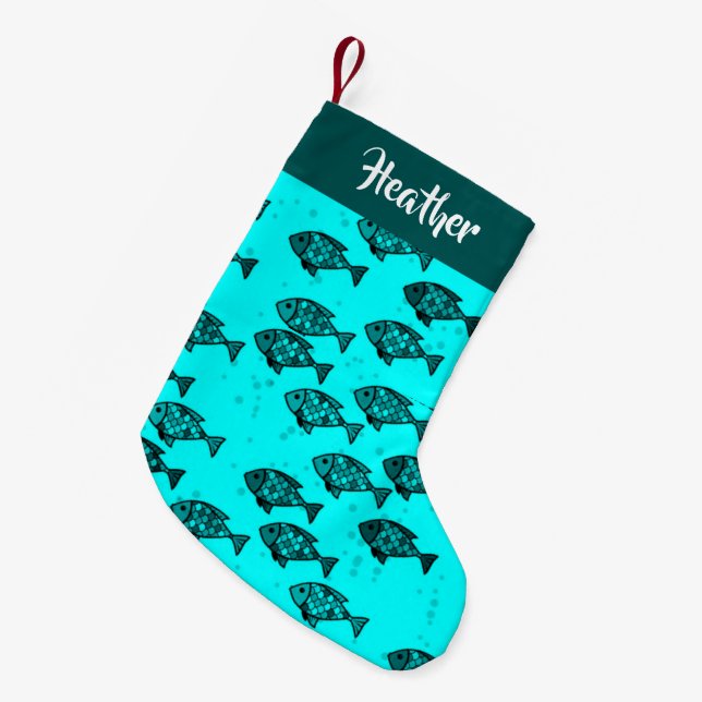 Small fishes blue  small christmas stocking (Front (Hanging))