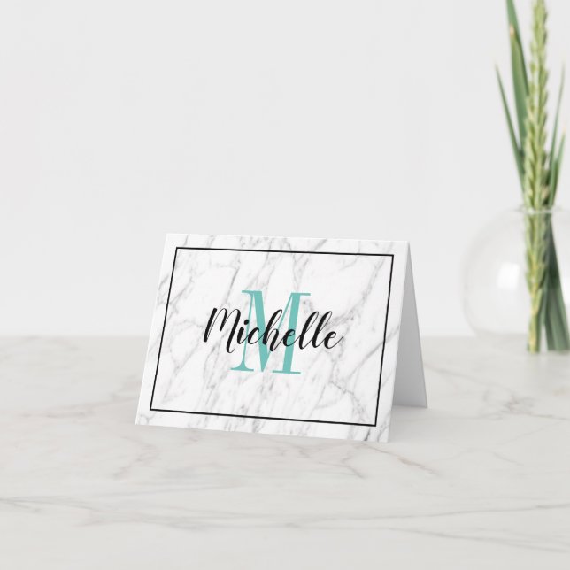 Small folded white marble note cards with monogram (Front)