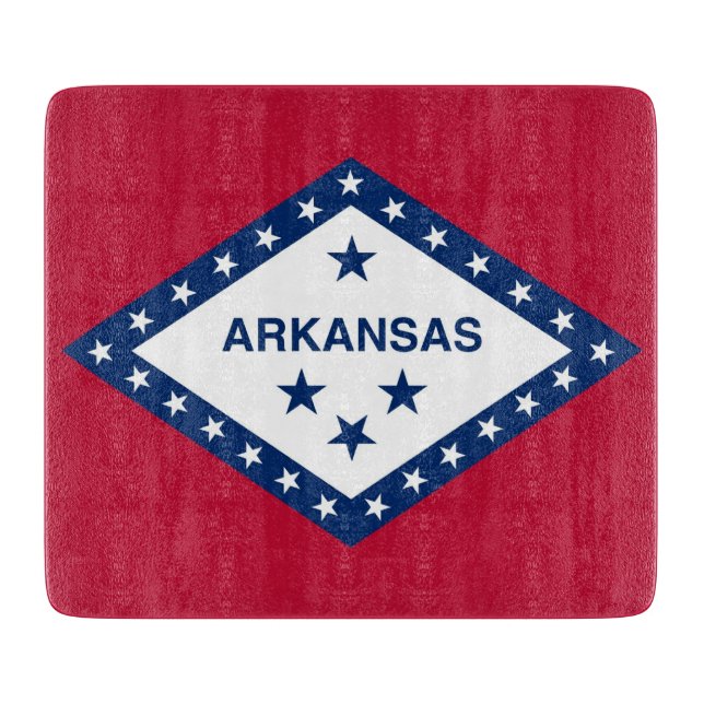 Small glass cutting board with flag of Arkansas (Front)