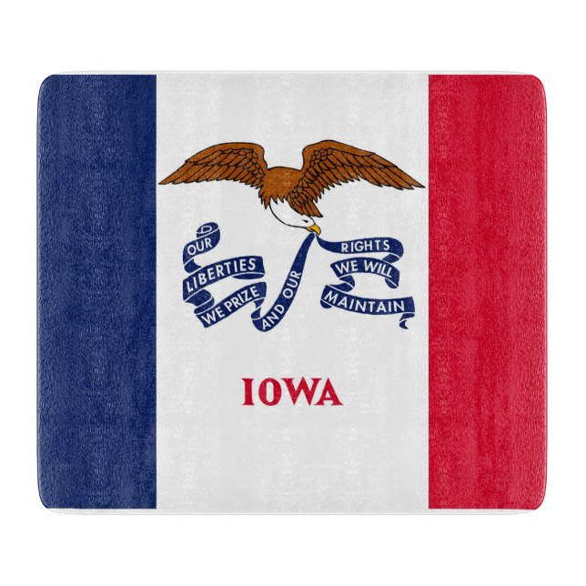 Small glass cutting board with flag of Iowa (Front)