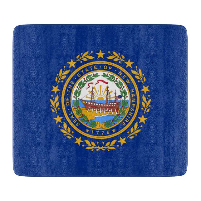Small glass cutting board with New Hampshire flag (Front)