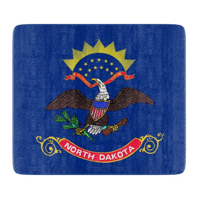Small glass cutting board with North Dakota flag (Front)