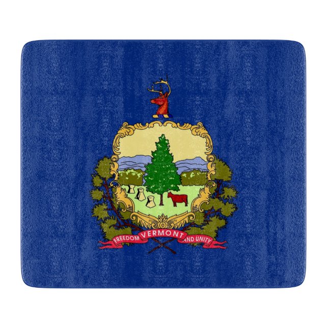 Small glass cutting board with Vermont flag (Front)
