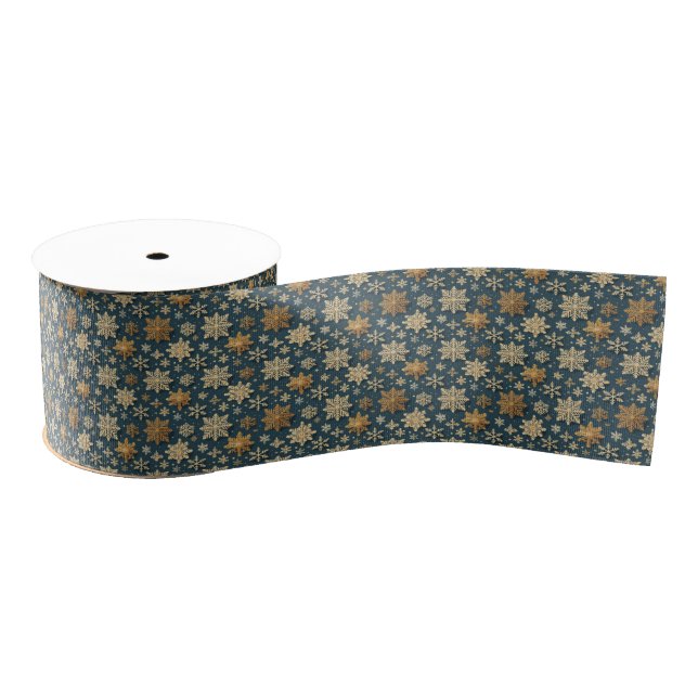 Small Gold Snowflakes on Dark Blue Grosgrain Ribbon (Spool)