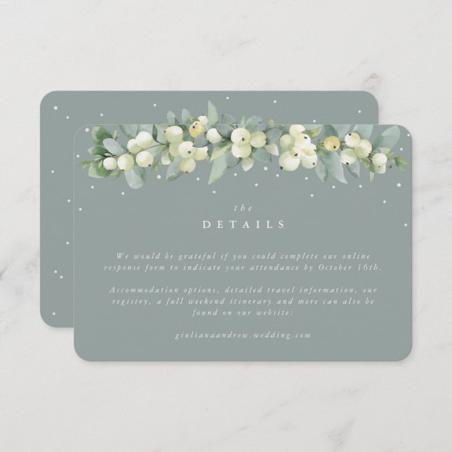 Small Green Snowberry+Eucalyptus Wedding Details Enclosure Card (Front/Back)