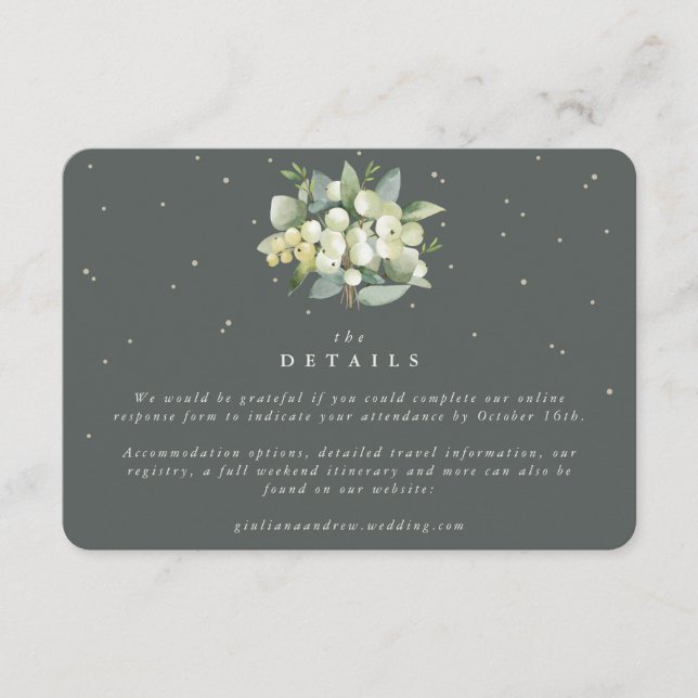 Small Green Snowberry+Eucalyptus Wedding Details Enclosure Card (Front)
