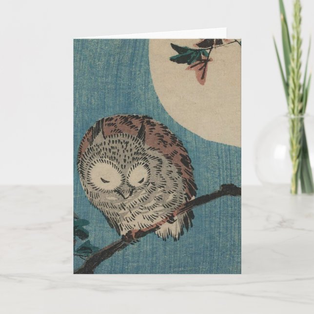 Small Horned Owl on Maple Branch under Full Moon Card (Front)