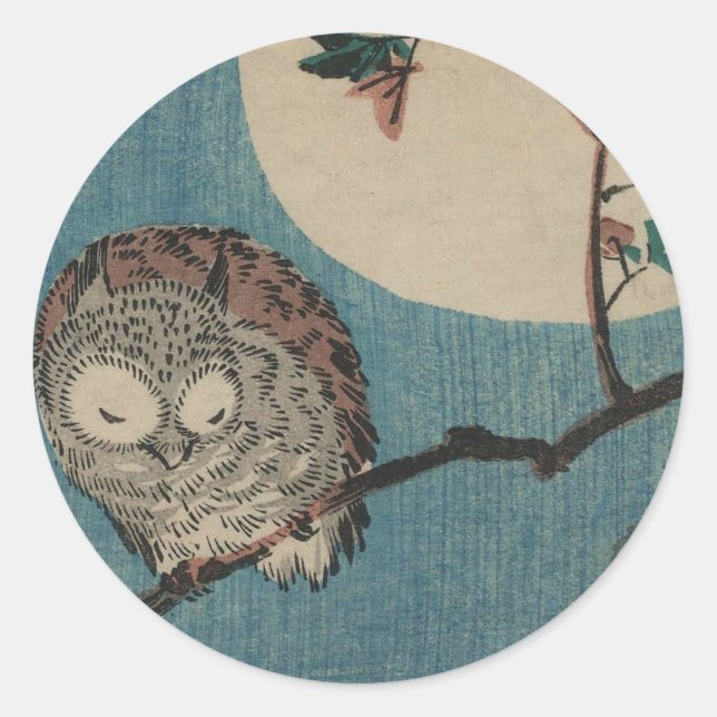 Small Horned Owl on Maple Branch under Full Moon Classic Round Sticker (Front)
