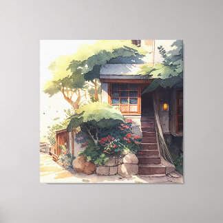 Small House Garden Water Colour Canvas Print