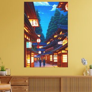 Small Japanese town street at night Canvas Print