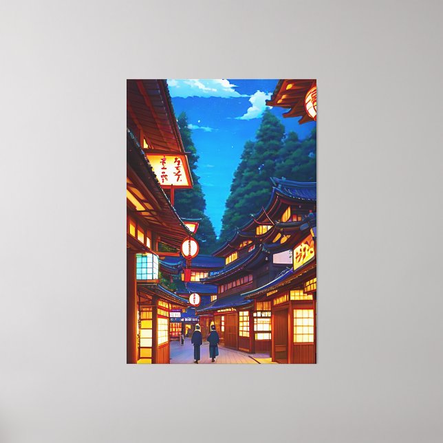 Small Japanese town street at night  Canvas Print (Front)