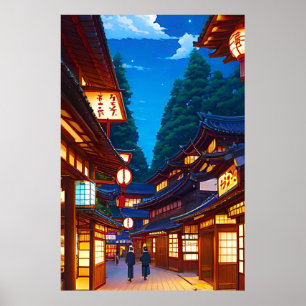Small Japanese town street at night Poster