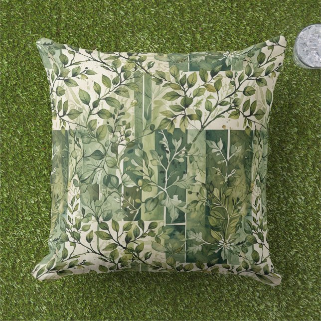 Small Leafy Twigs Colour Block Cushion (Grass)