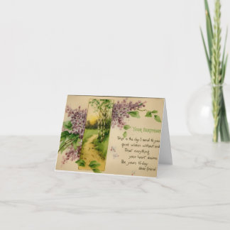 Small Lilac Flowers with Forest Path Vintage Card