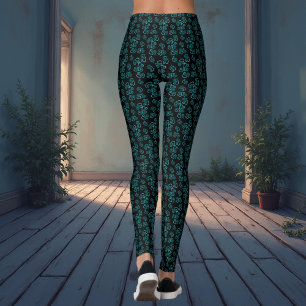 Small Linked Teal Hearts Pattern Over White Leggings