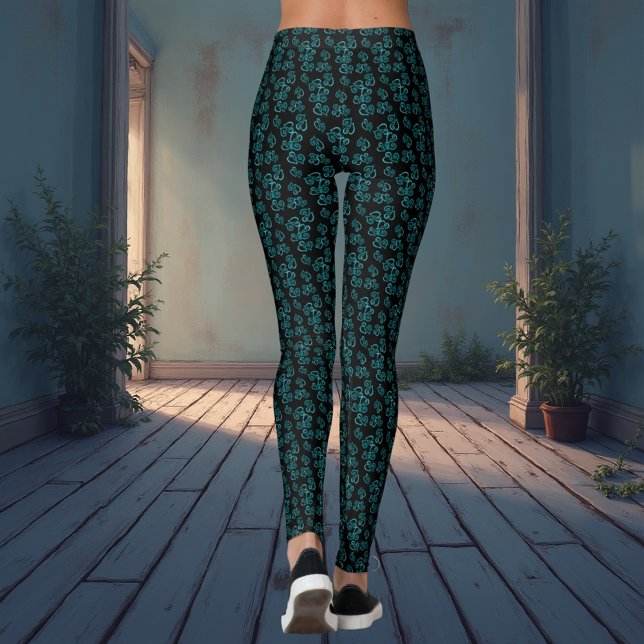 Small Linked Teal Hearts Pattern Over White Leggings (back view of green linked heart pattern on black background leggings)