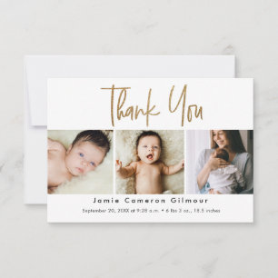 Small Modern Gold Script Custom 3 photo Baby Thank You Card