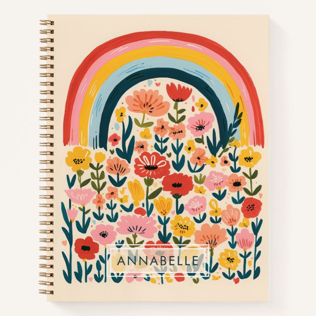 Small Monogram Name Rainbow Flowers Illustration Notebook (Front)