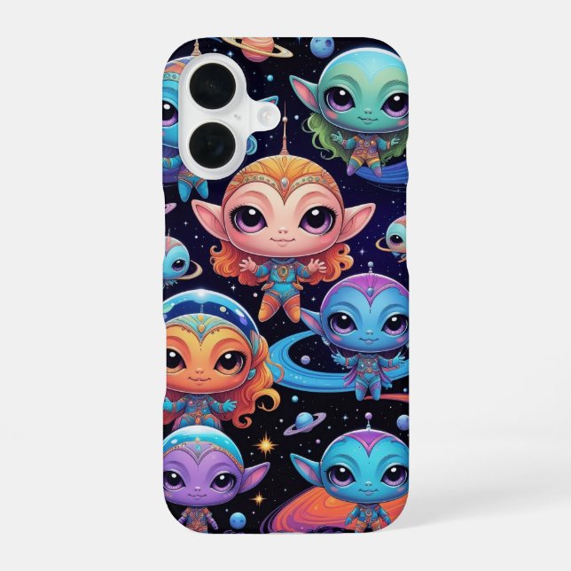 Small Multi-Coloured Aliens in Space iPhone 16 Case (Back)