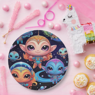 Small Multicoloured Aliens in Space Paper Plate
