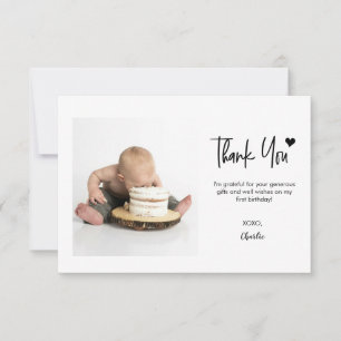 Small Note First Birthday Custom Photo Modern Thank You Card