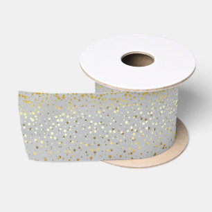 Small Petite Golden Stars Ribbon-Quick Silver Satin Ribbon