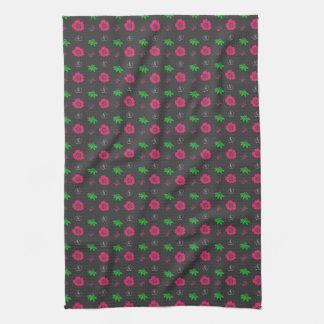small pink flowers and green leaves. Graphic flowe Tea Towel